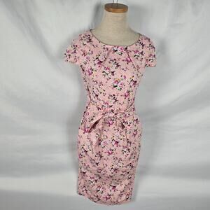 Rummies Dress Women's 6 Pink Floral Mini Short Cap Sleeve Tie Round Neck Zipper